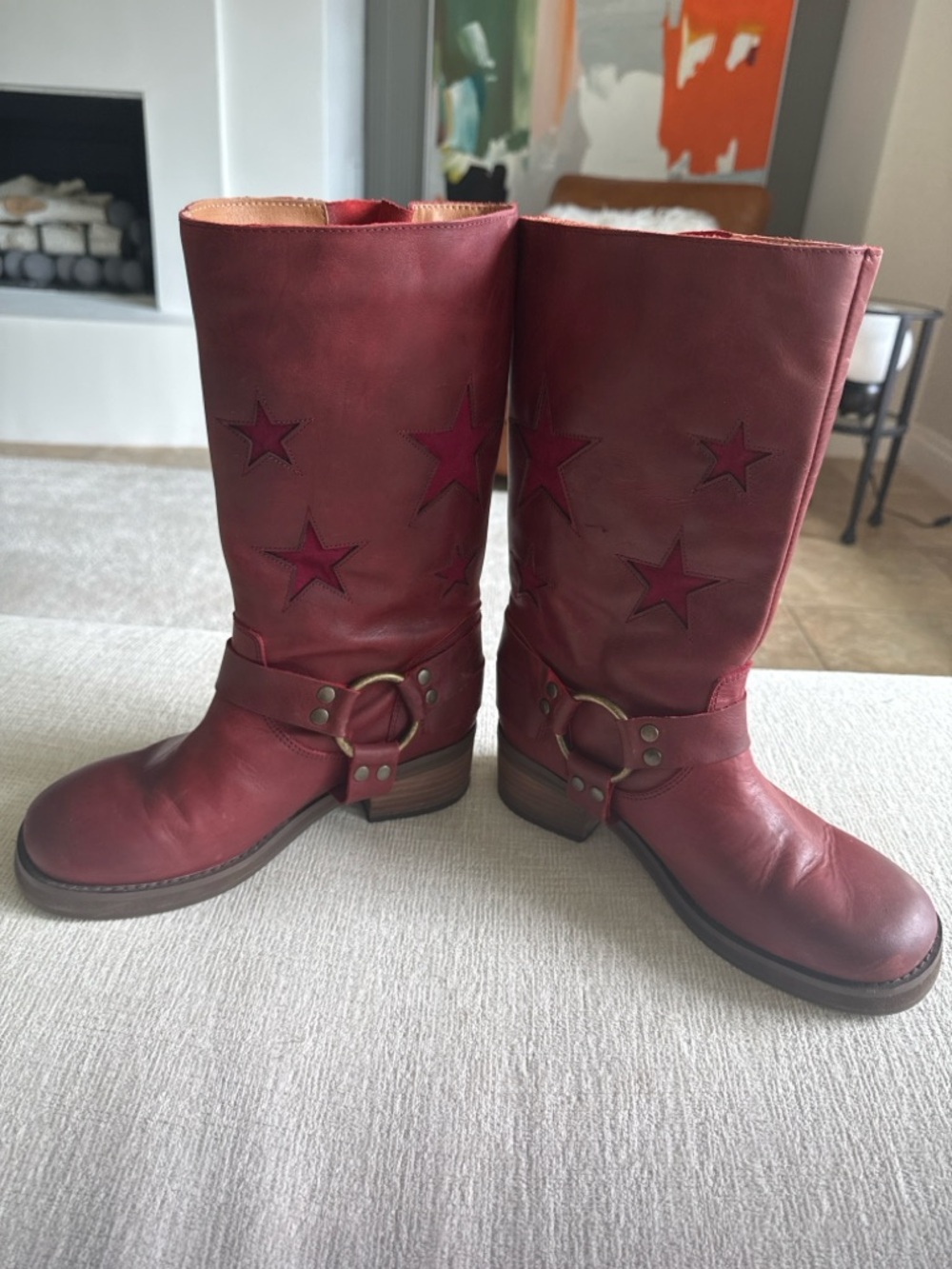 Dingo Red/Wine Hybrid Moto/Western Star Harness Leather Mid-Calf Boots